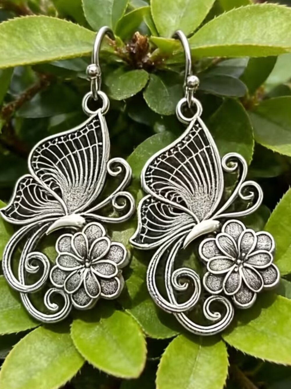 Bohemian Butterfly Earring Carved Metal Hollow-Out Drop Filigree Nature Inspired